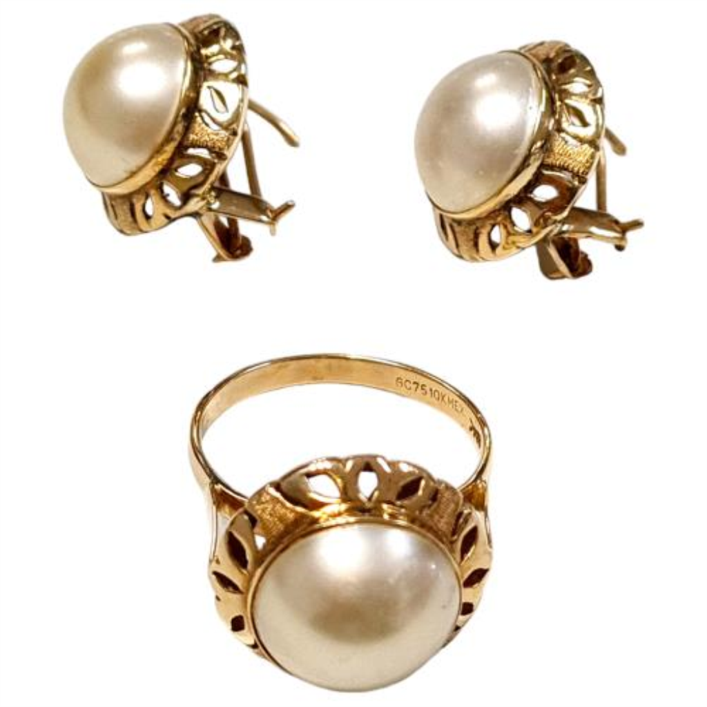 Juego De Aretes Y Anillo Con Perla Oro, 10 K, 6.50 Grs, Talla 8