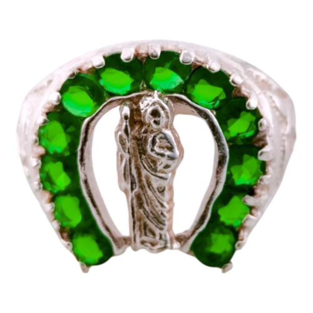 Anillo Con Piedra Sintética Verde San Judas Plata, 925 K, 4.50 Grs, Talla 8