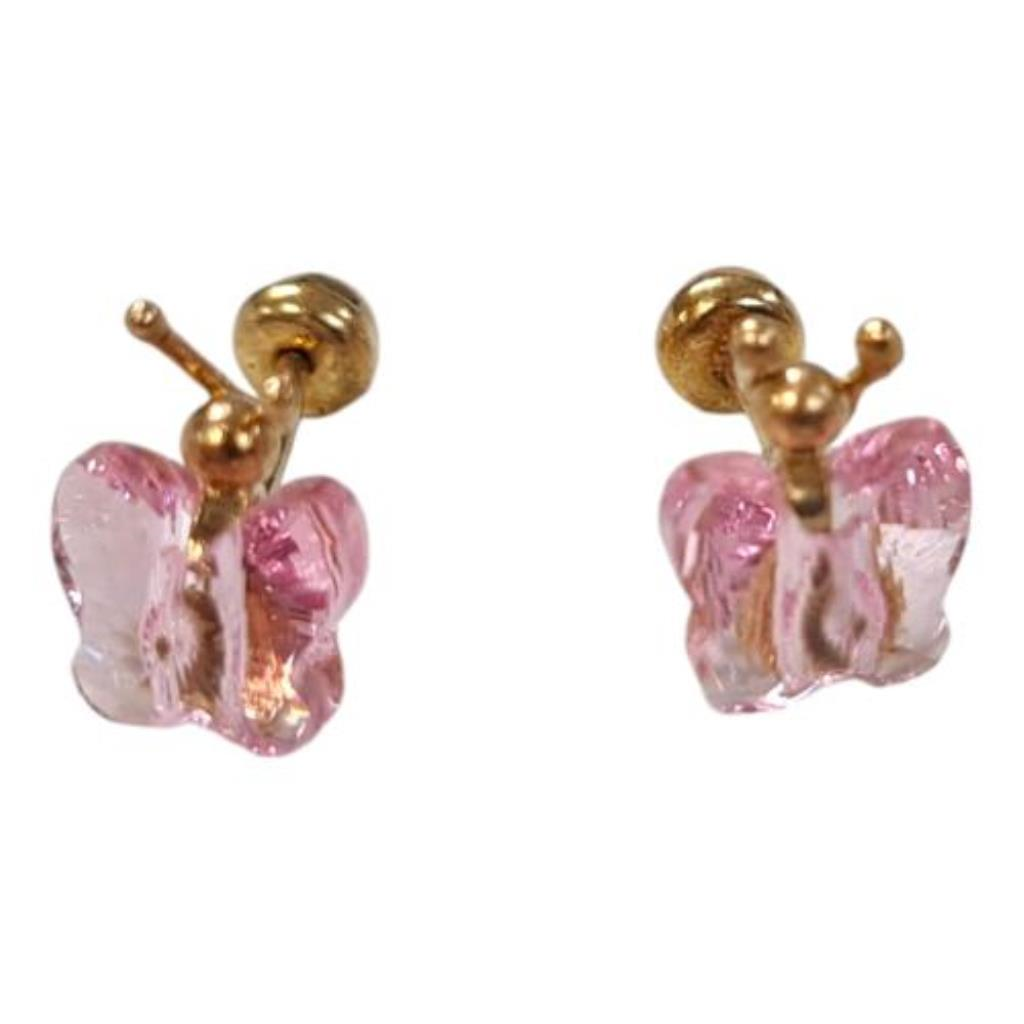 Par De Broqueles Con Piedra Sintética Mariposa Rosa Oro, 10 K, 0.40 Grs