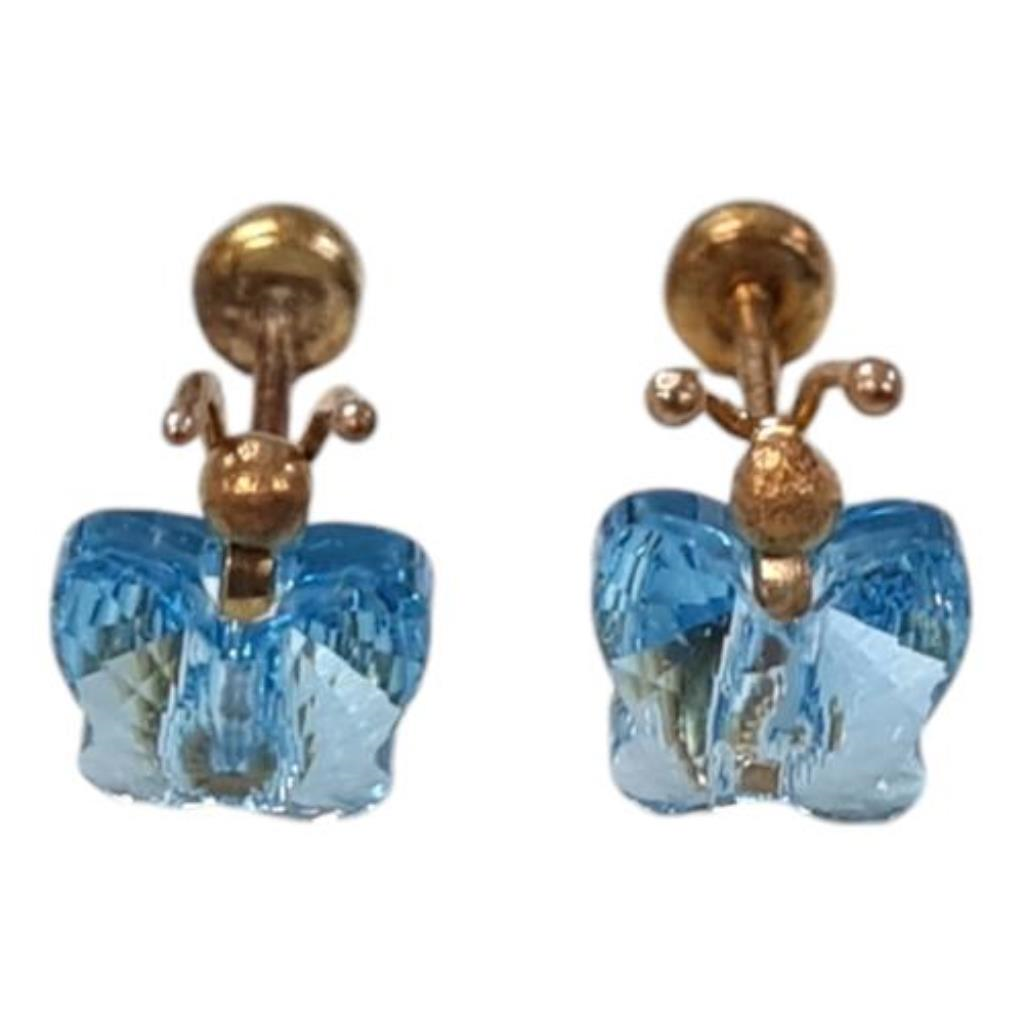Par De Broqueles Con Piedra Sintética Mariposa Azul Oro, 10 K, 0.40 Grs