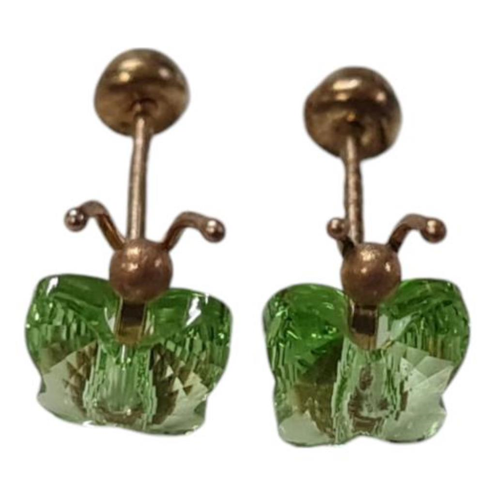 Par De Broqueles Con Piedra Sintética Mariposa Verde Oro, 10 K, 0.40 Grs