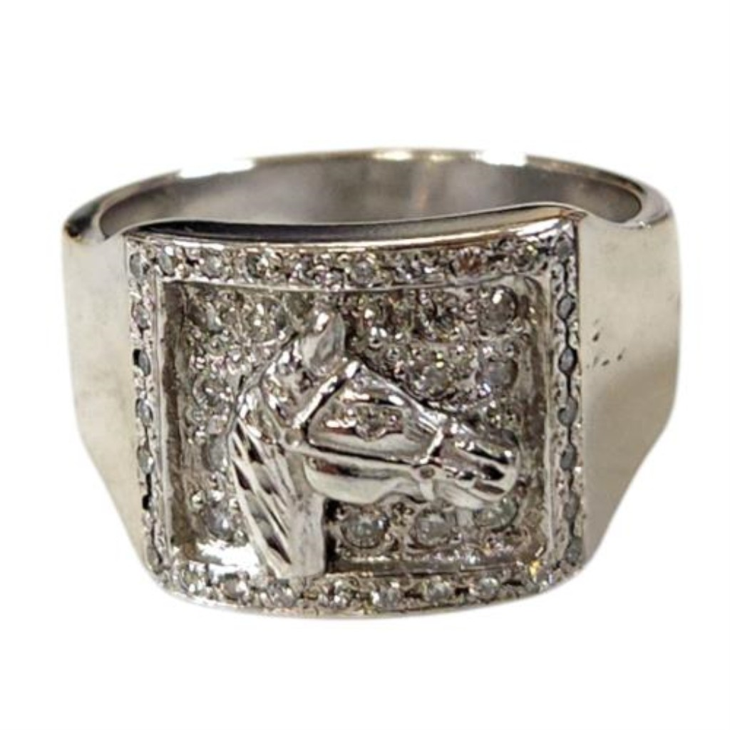 Anillo Con Brillantes O.b. Cabeza Caballo Oro, 14 K, 18.10 Grs, 45.00 Puntos , Talla 12