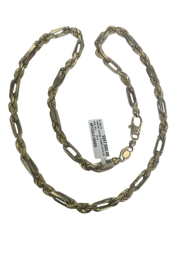 Cadena Torzal Figaro Bicolor Oro, 14 K, 90.20 Grs, Diseño Italiano, Medida 63 Cm