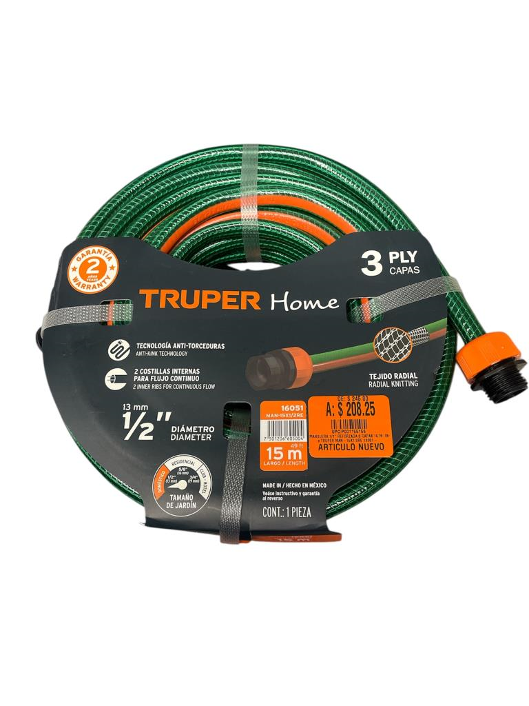 Manguera 1/2" Reforzada 3 Capas 15 M 